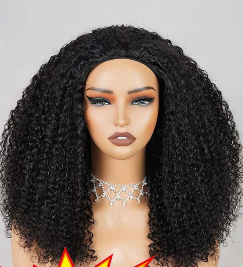 Black Kinky Curly Half Wig Human Hair-20"